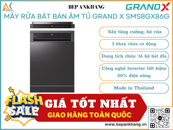 Máy rửa bát bán âm tủ Grand  SMS8GX86G - Made in Thailand